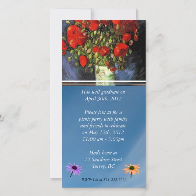 Invitación de graduación. Jarrón con amapolas roja (Anverso)