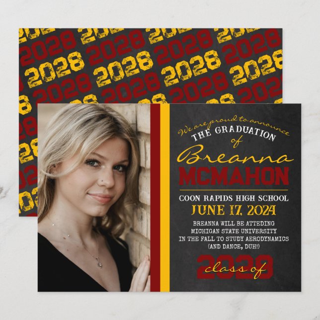 Invitación de Graduación Maroon & Gold Chalkboard (Anverso / Reverso)