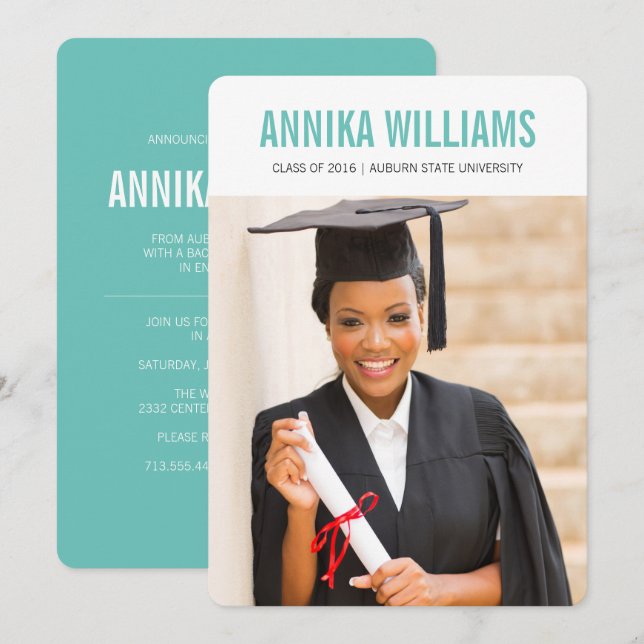 Invitación de graduación moderna audaz y colorida (Anverso / Reverso)