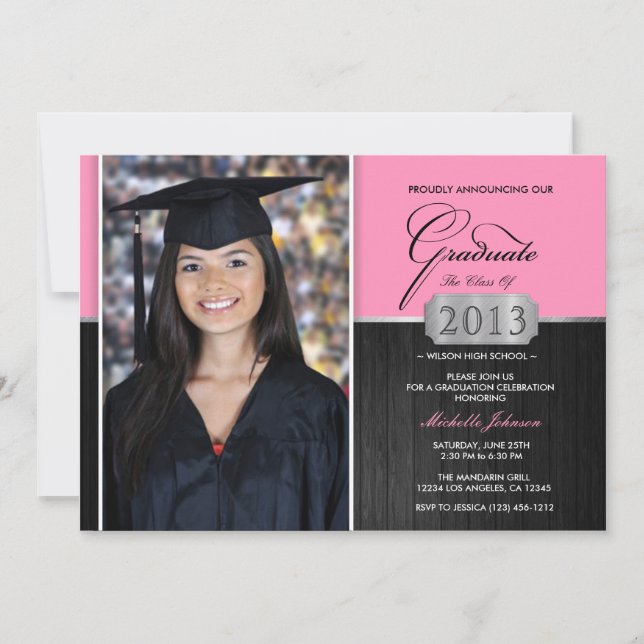 Invitación de graduación moderna rosa y negra (Anverso)