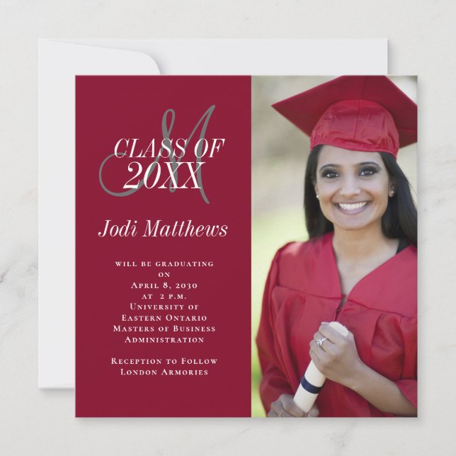 Invitación de graduación Monograma Foto Fiesta (Anverso)