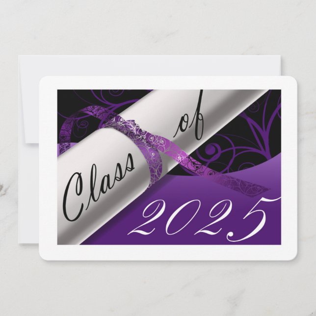 Invitación de graduación morada y blanca (Anverso)