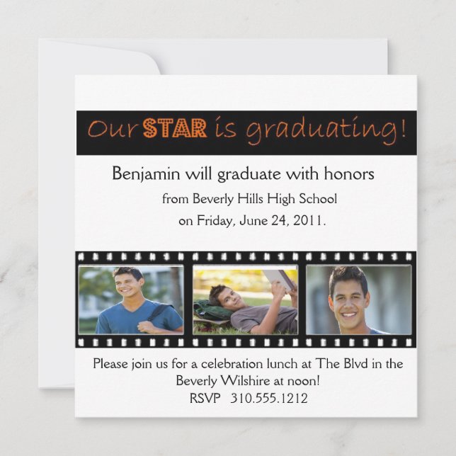 Invitación de graduación Naranja de Hollywood Star (Anverso)