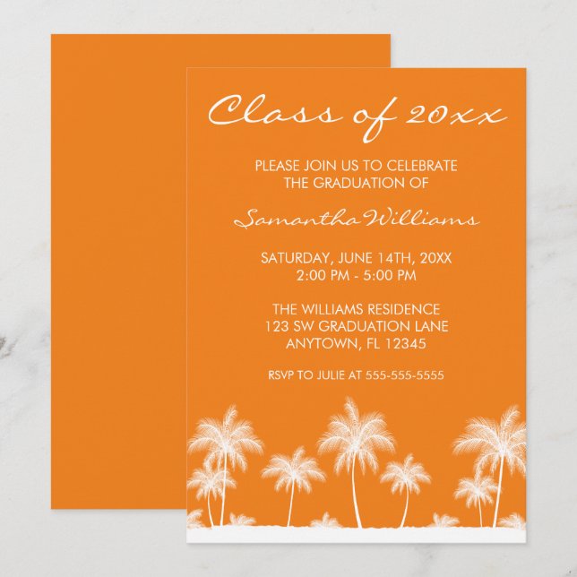 Invitación de graduación Naranja de palmeras tropi (Anverso / Reverso)