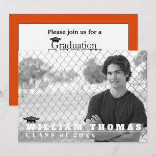 Invitación de graduación naranja y negro, tarjeta