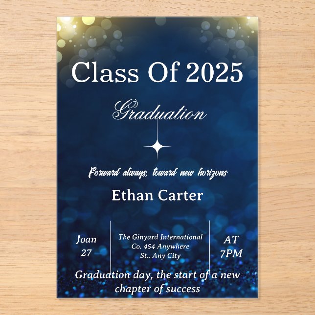 Invitación de graduación Navy Bokeh (Anverso)
