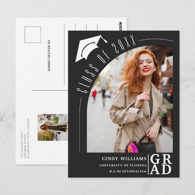 Invitación de Graduación Negra de Arco Moderno (Anverso / Reverso)