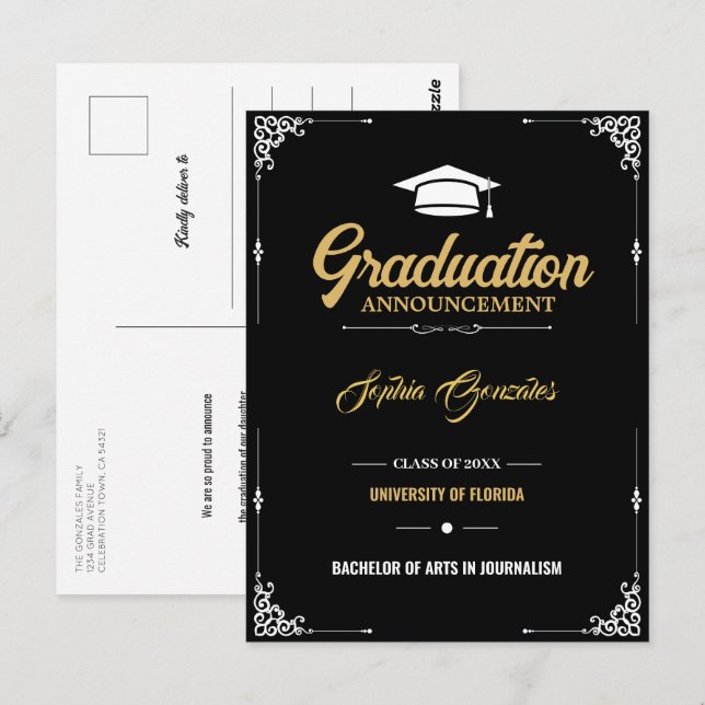 Invitación de graduación negra de guión clásico (Anverso / Reverso)