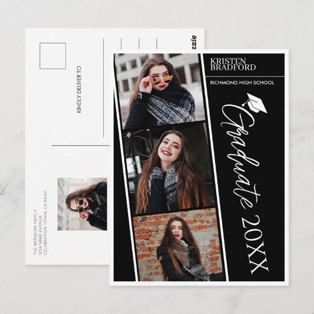 Invitación de graduación negra de tiras fotográfic (Anverso / Reverso)