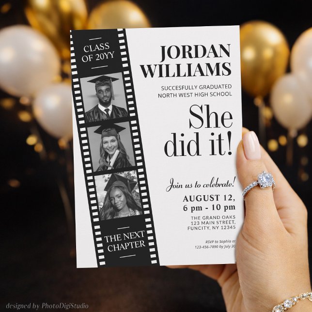 Invitación de graduación personalizada de Hollywoo (Film Strip Invite, Hollywood Custom Graduation Invitation)