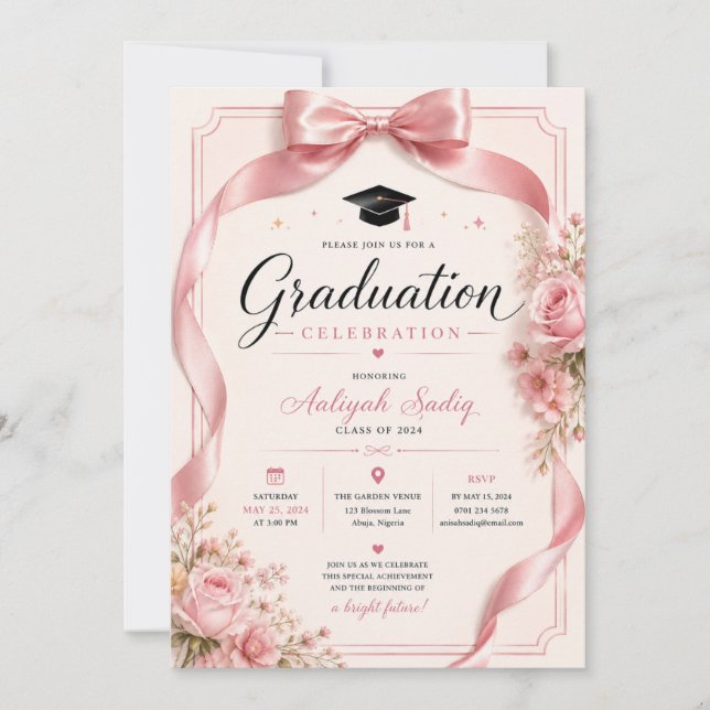 Invitación de graduación Pink Coquette (Anverso)