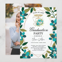 Invitación de Graduación RN Floral Turquesa y Dora