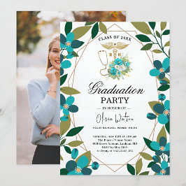Invitación de Graduación RN Floral Turquesa y Dora