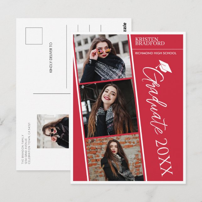 Invitación de graduación roja de tiras fotográfica (Anverso / Reverso)