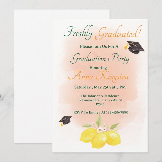 Invitación de graduación rosa limón recién graduad (Anverso / Reverso)