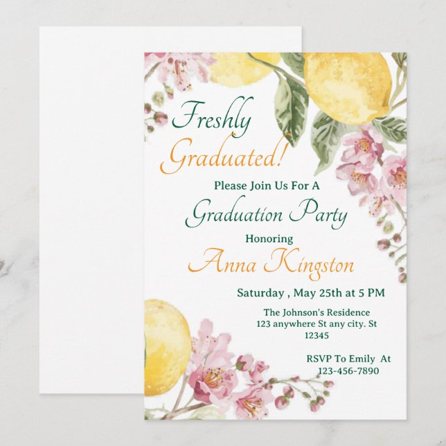 Invitación de graduación rosa limón recién graduad (Anverso / Reverso)