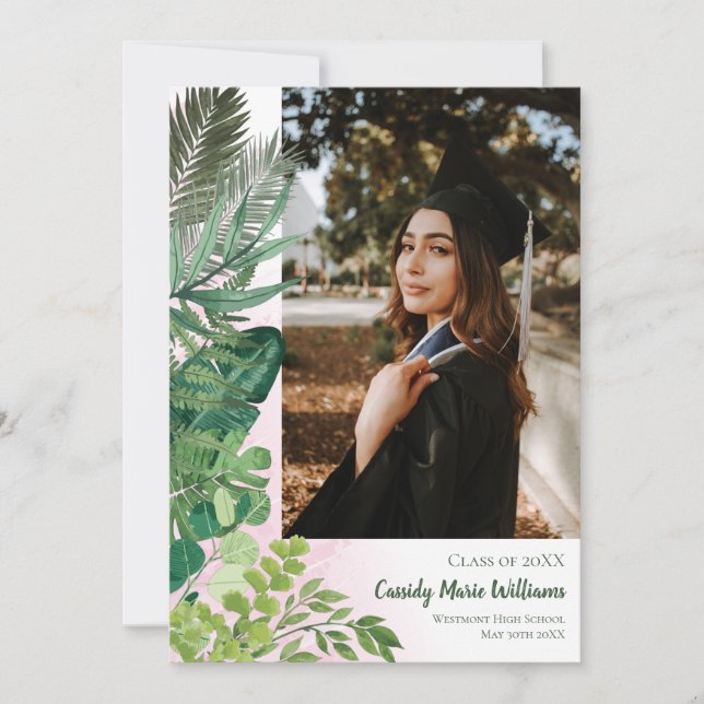 Invitación de graduación rosada tropical botánica (Anverso)