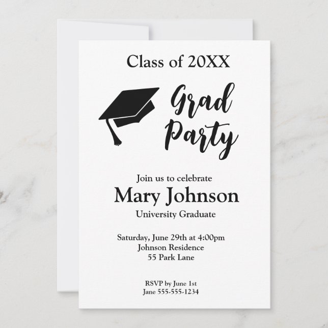 Invitación de graduación simple y moderna en blanc (Anverso)