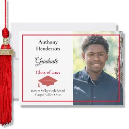 Invitación de graduación, tapa roja y foto
