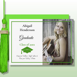 Invitación de graduación, tapa verde y foto