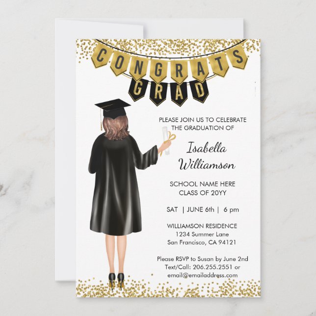 Invitación de graduación única pelo marrón (Anverso)