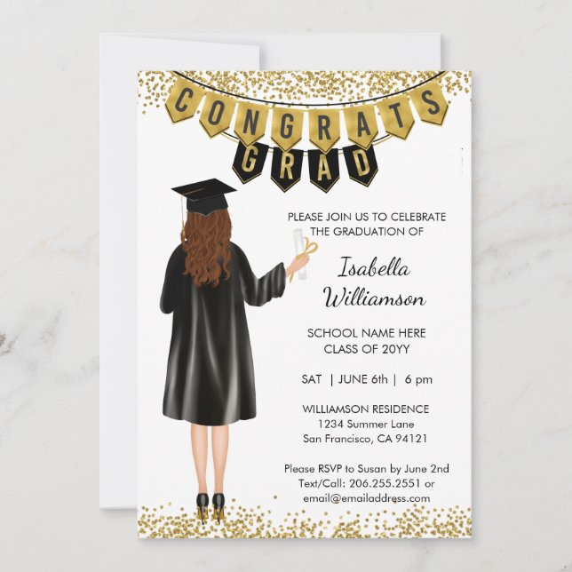 Invitación de graduación única pelo marrón (Anverso)