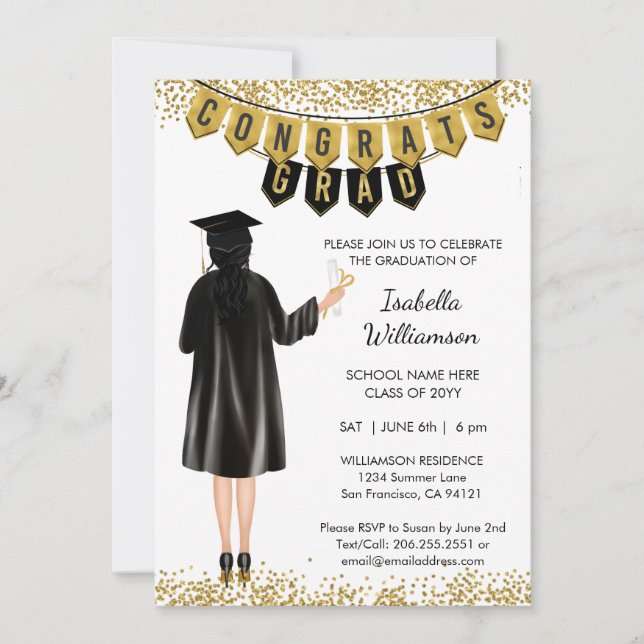 Invitación de graduación única pelo negro (Anverso)