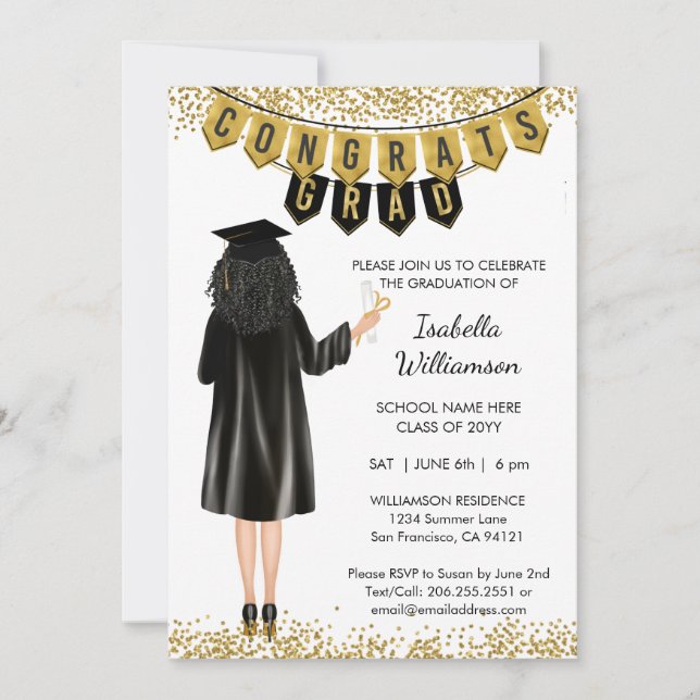 Invitación de graduación única pelo negro (Anverso)
