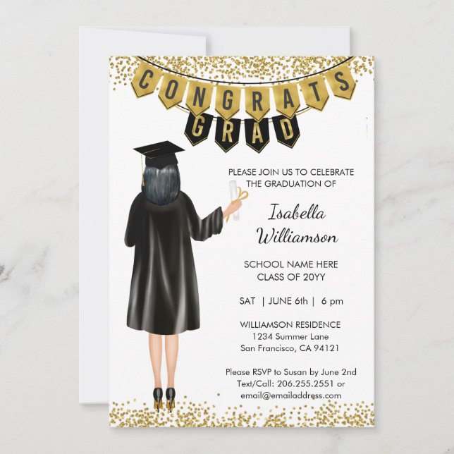 Invitación de graduación única pelo negro (Anverso)