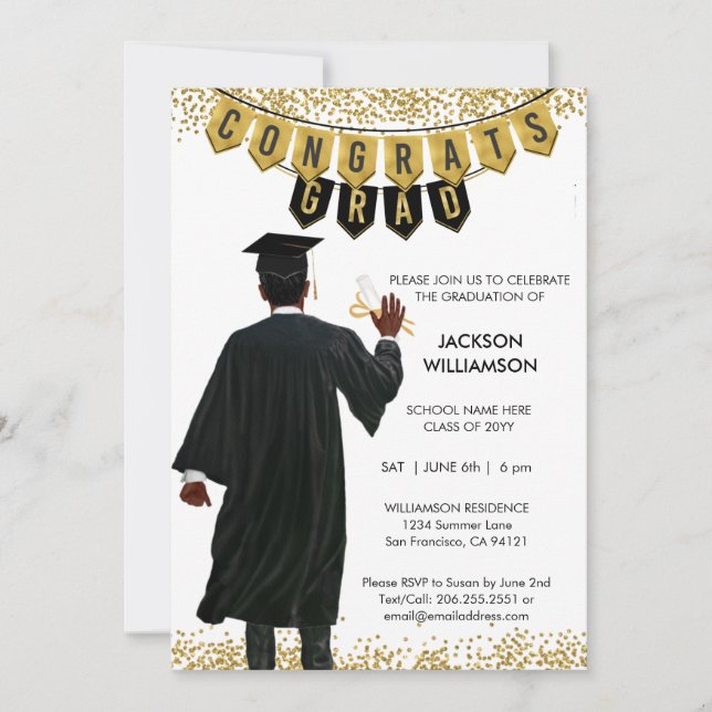 Invitación de graduación única pelo negro (Anverso)