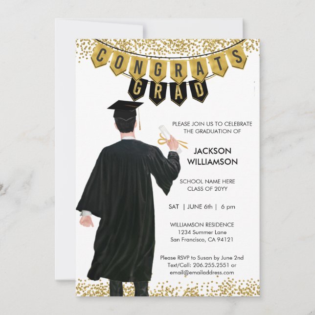 Invitación de graduación única pelo negro macho (Anverso)