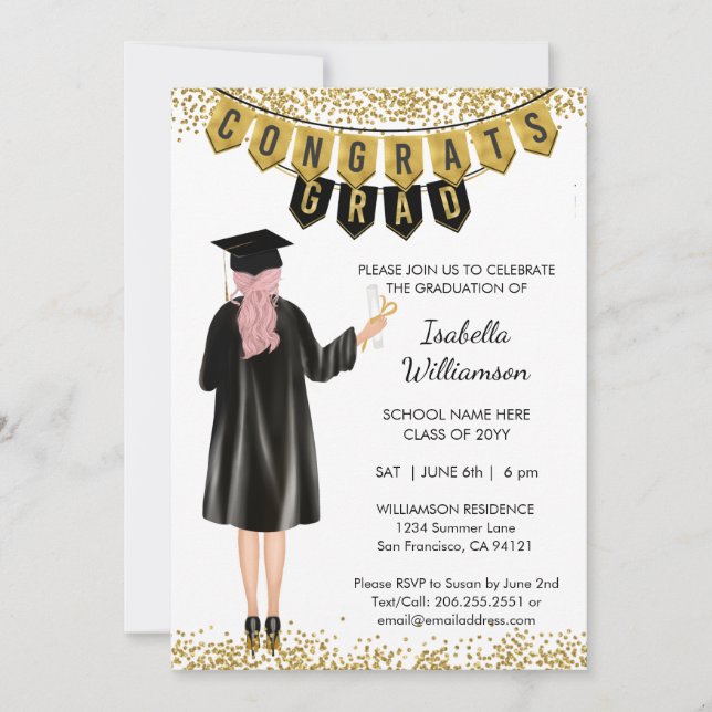 Invitación de graduación única pelo rosa (Anverso)