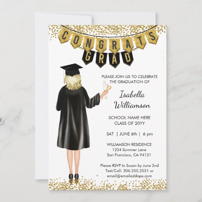 Invitación de graduación única pelo rubio (Anverso)