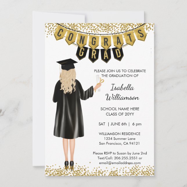 Invitación de graduación única pelo rubio (Anverso)