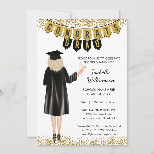 Invitación de graduación única pelo rubio (Anverso)