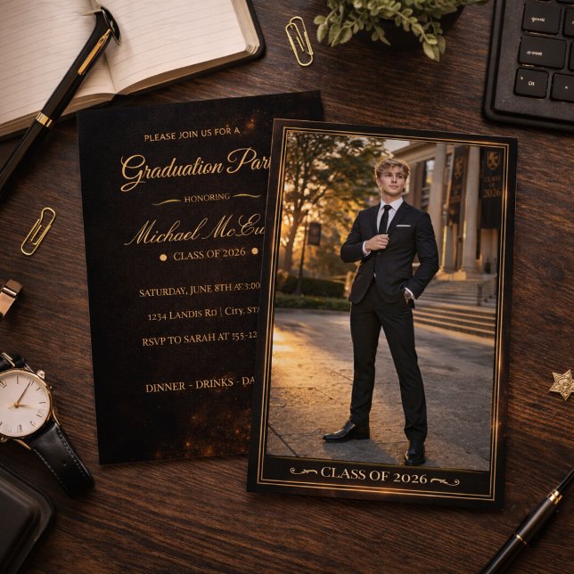 Invitación de Graduado con Oro Negro (Black gold portrait design for a refined graduation night with dinner and celebration)