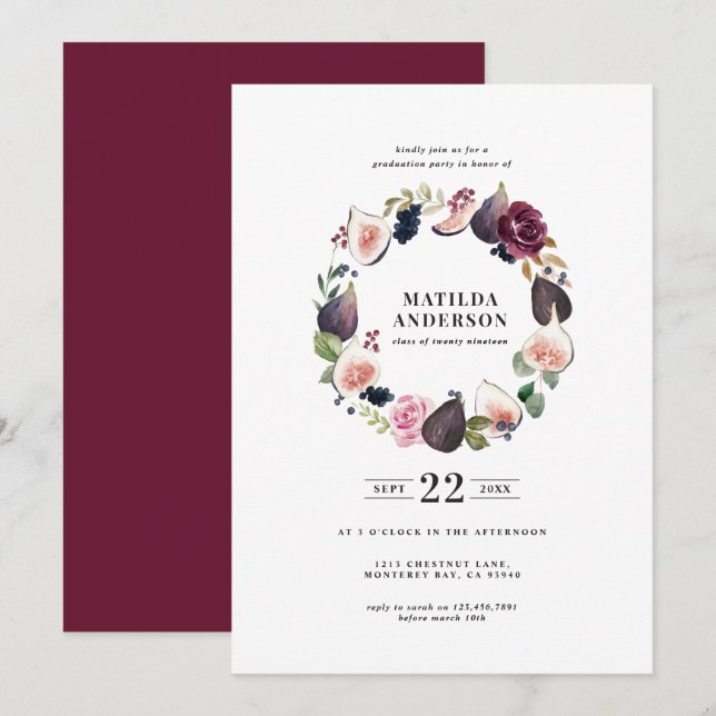 Invitación de graduados con flores rosadas, morada (Anverso / Reverso)