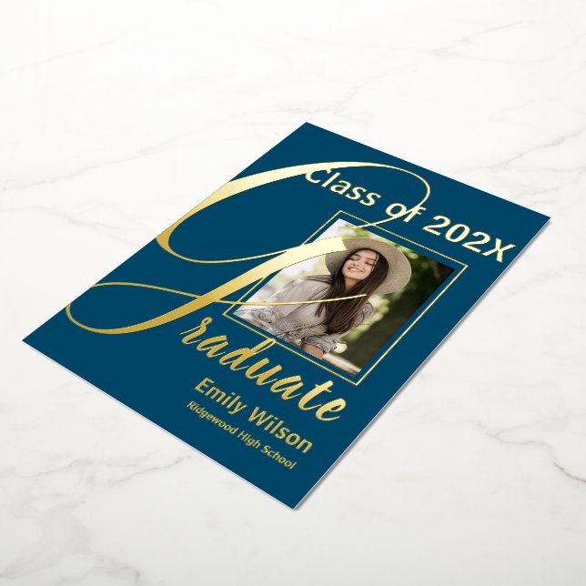 Invitación de graduados de Cute Blue Gold Photo 20 (girado)