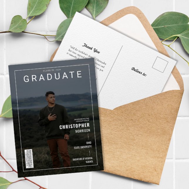 Invitación de graduados de fotografía de portada d (Stylish Magazine Cover Photo Graduate Announcement Postcard)