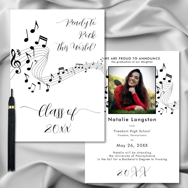 Invitación de graduados de fotografías de Black Wh (Rock Music Black White Photo Graduate Announcement)