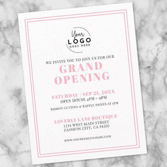 Invitación de Gran Apertura de Negocios con Logoti (Simple Pink Logo Business Grand Opening Invitation Postcard)