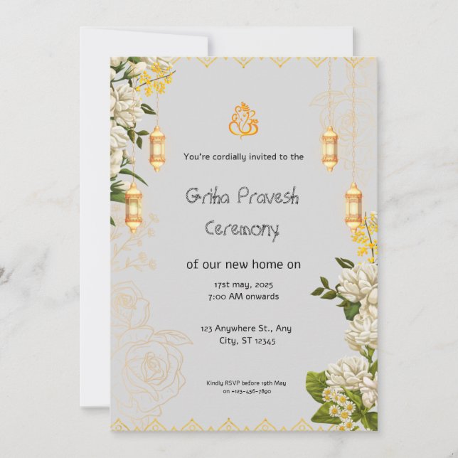 Invitación de Griha Pravesh verde y amarillo (Anverso)