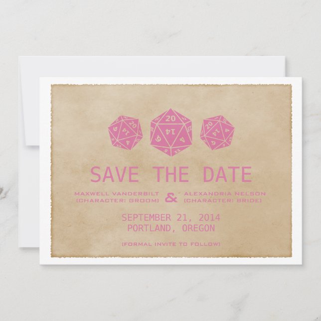 Invitación de Grunge Rosa D20 Save the Date para J (Anverso)
