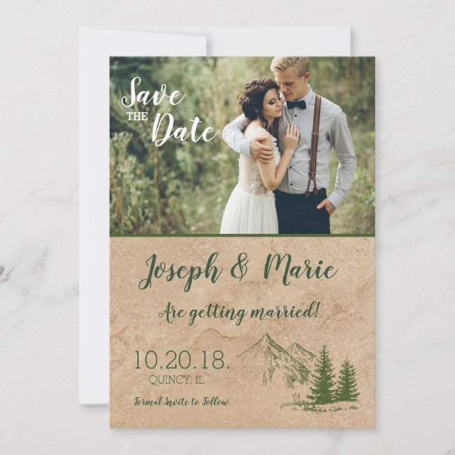Invitación de Guarda la Fecha para boda de Montaña (Anverso)