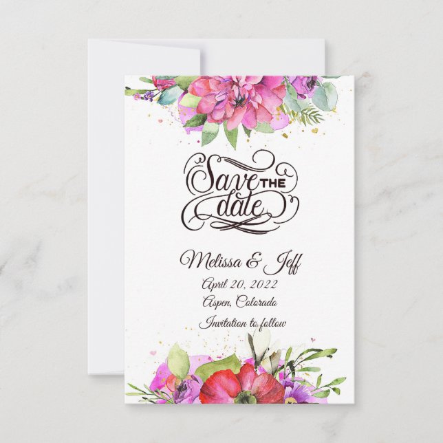 Invitación de guardar la fecha con flora acuarela  (Anverso)
