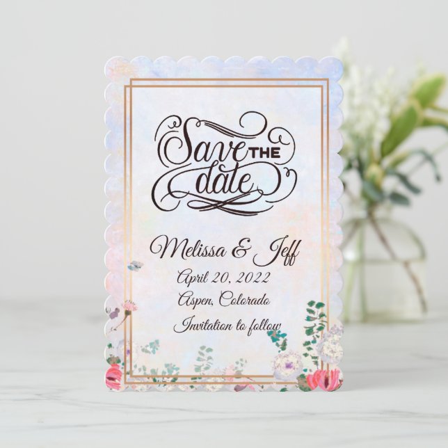 Invitación de guardar la fecha con marco floral (Anverso de pie)