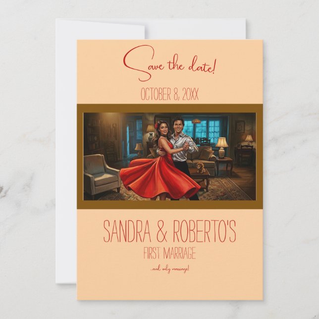 Invitación de guardar la fecha de boda con vestido (Anverso)