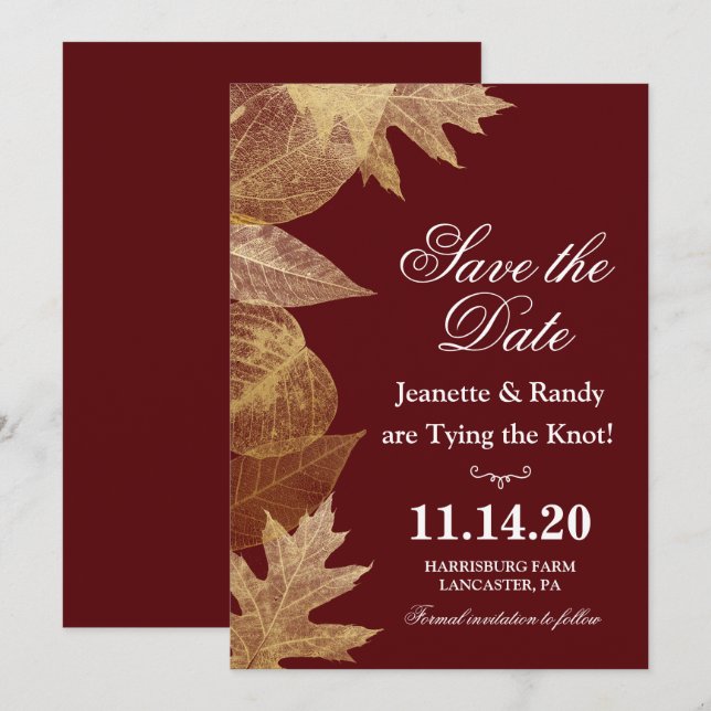 Invitación de guardar la fecha de boda de otoño en (Anverso / Reverso)