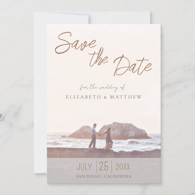 Invitación de guardar la fecha de boda en la playa (Anverso)