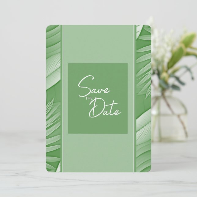 Invitación de guardar la fecha de boda verde tropi (Anverso de pie)